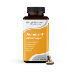 LifeSeasons Adrenal-T bottle on desk signaling steady energy balance.