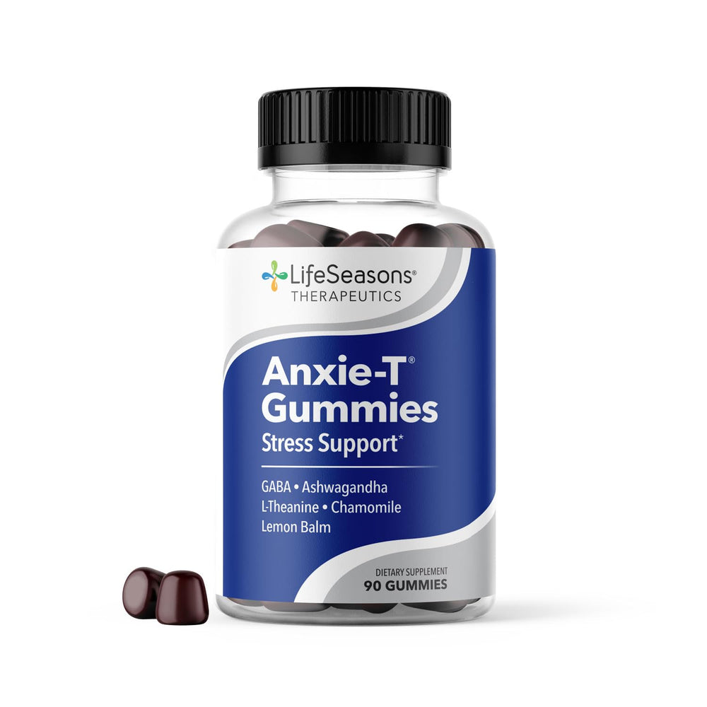 LifeSeasons Anxie-T stress gummy bottle on desk signaling quick mood support