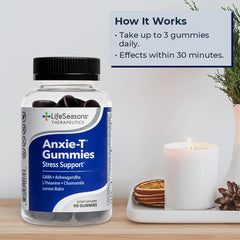 LifeSeasons Anxie-T bottle with desk setup suggesting daily stress relief routine