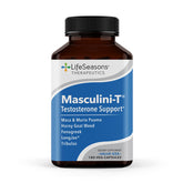 LifeSeasons Masculini-T bottle with capsules highlighting energy support and potency.