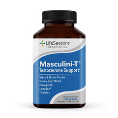 LifeSeasons Masculini-T bottle with capsules highlighting energy support and potency.