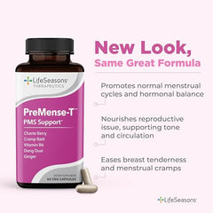 LifeSeasons PreMense-T capsules closeup for cramps support and cycle balance