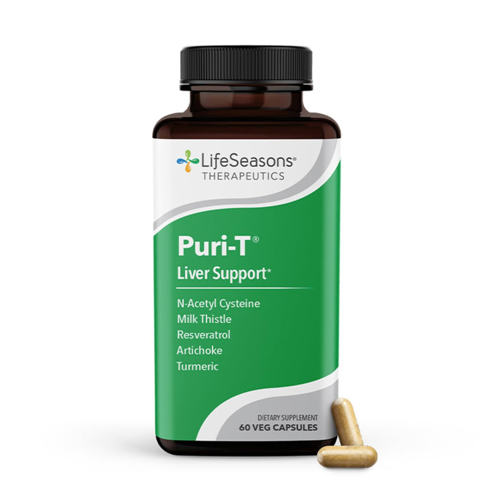 LifeSeasons Puri-T bottle on a counter highlighting detox support for daily wellness.