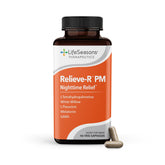 LifeSeasons Relieve-R PM bottle on nightstand supporting calm sleep.