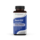 LifeSeasons Rest-ZZZ Extra Strength bottle on table promotes calmer nights.