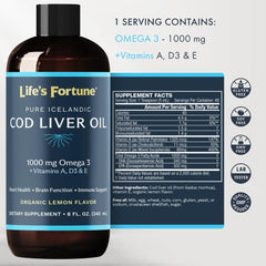 Life's Fortune Omega-3 1000mg liquid lemon emphasizes heart and brain support potential.