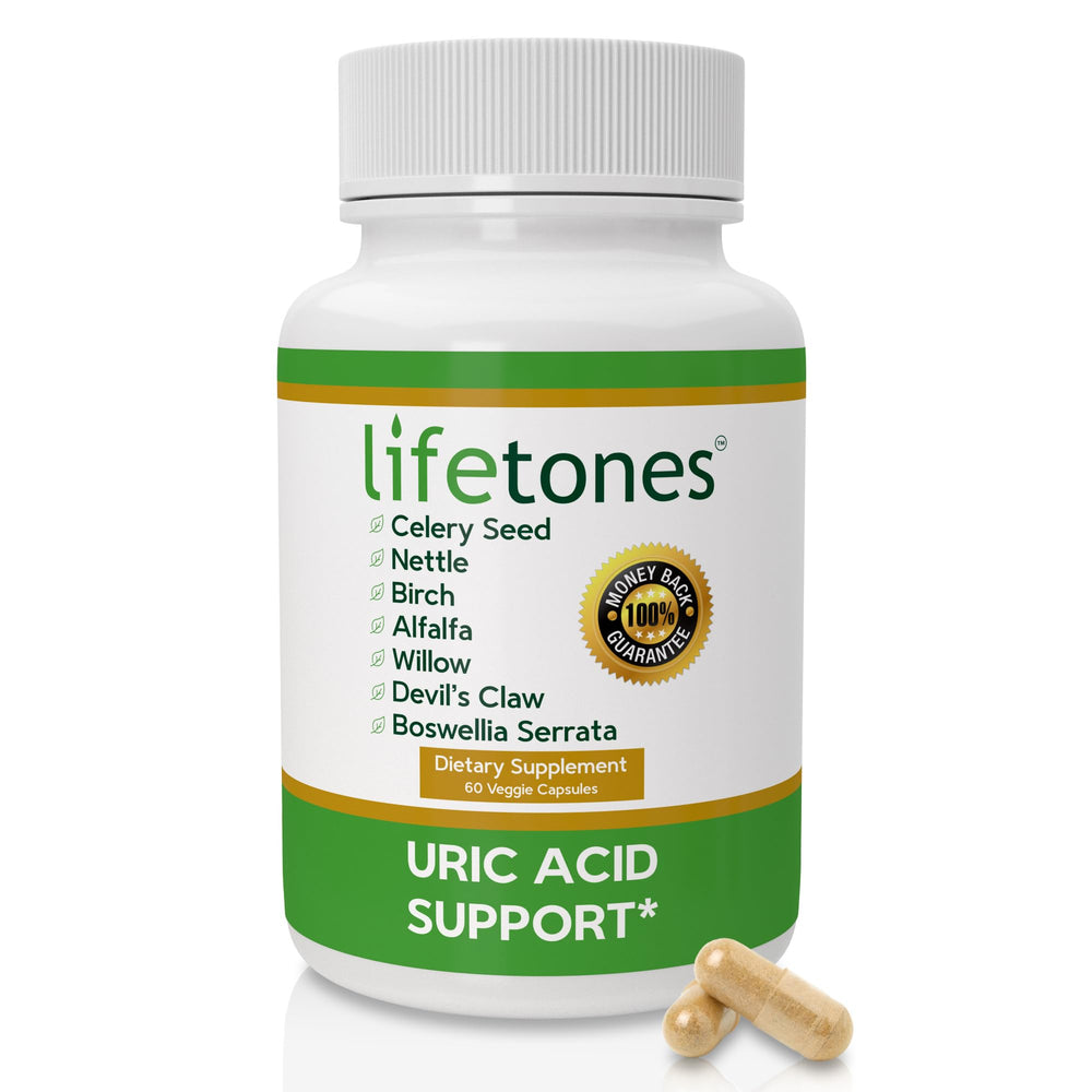 Life Tones Uric Acid Support bottle with label promoting joint comfort and natural ingredients