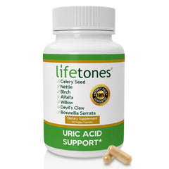 Life Tones Uric Acid Support bottle with label promoting joint comfort and natural ingredients
