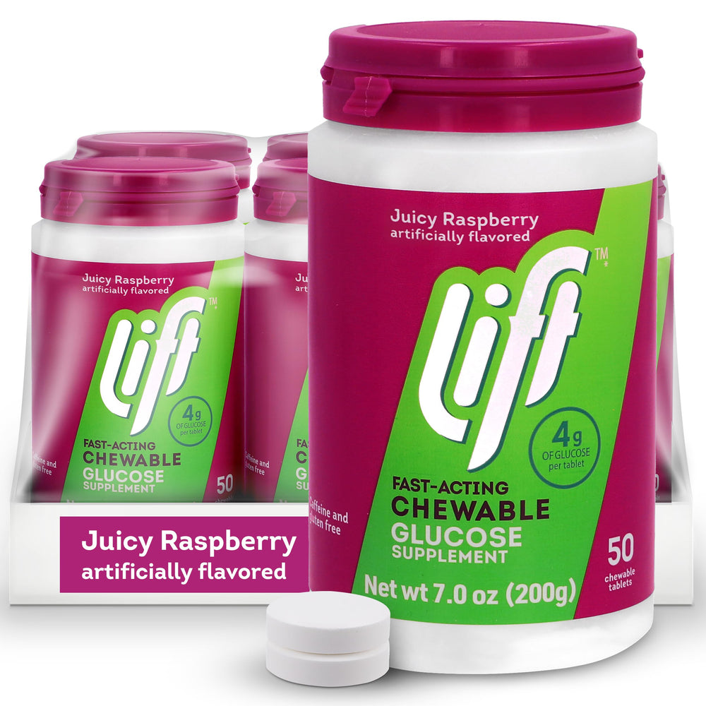 Lift Glucose Raspberry tablets in a jar for quick energy during workouts.