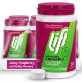 Lift Glucose Raspberry tablets in a jar for quick energy during workouts.