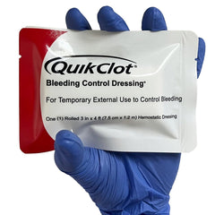 Lightning X QuikClot gauze close-up shows kaolin enhances clotting naturally.
