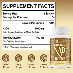 LIGUSTERI NAD+ capsules close-up shows easy-to-swallow softgels for daily use.