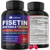 LILICARE Fisetin softgel bottle showcasing liposomal formula for potential healthy aging support.