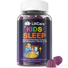 LILICARE Kids Sleep Gummies bottle on nightstand promotes a calm bedtime routine.