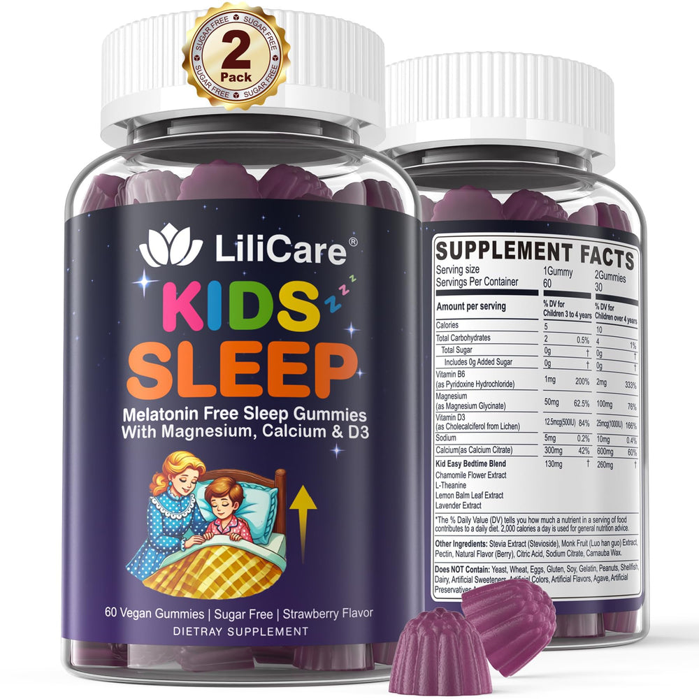 LILICARE Kids Sleep Gummies jar demonstrates a melatonin-free option for kids’ sleep.