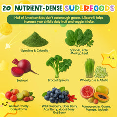LILICARE ingredients panel shows 20 fruits and vegetables for daily wellness.