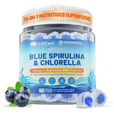 LILICARE Organic Blue Spirulina Chlorella Gummies bottle front, vegan energy support.