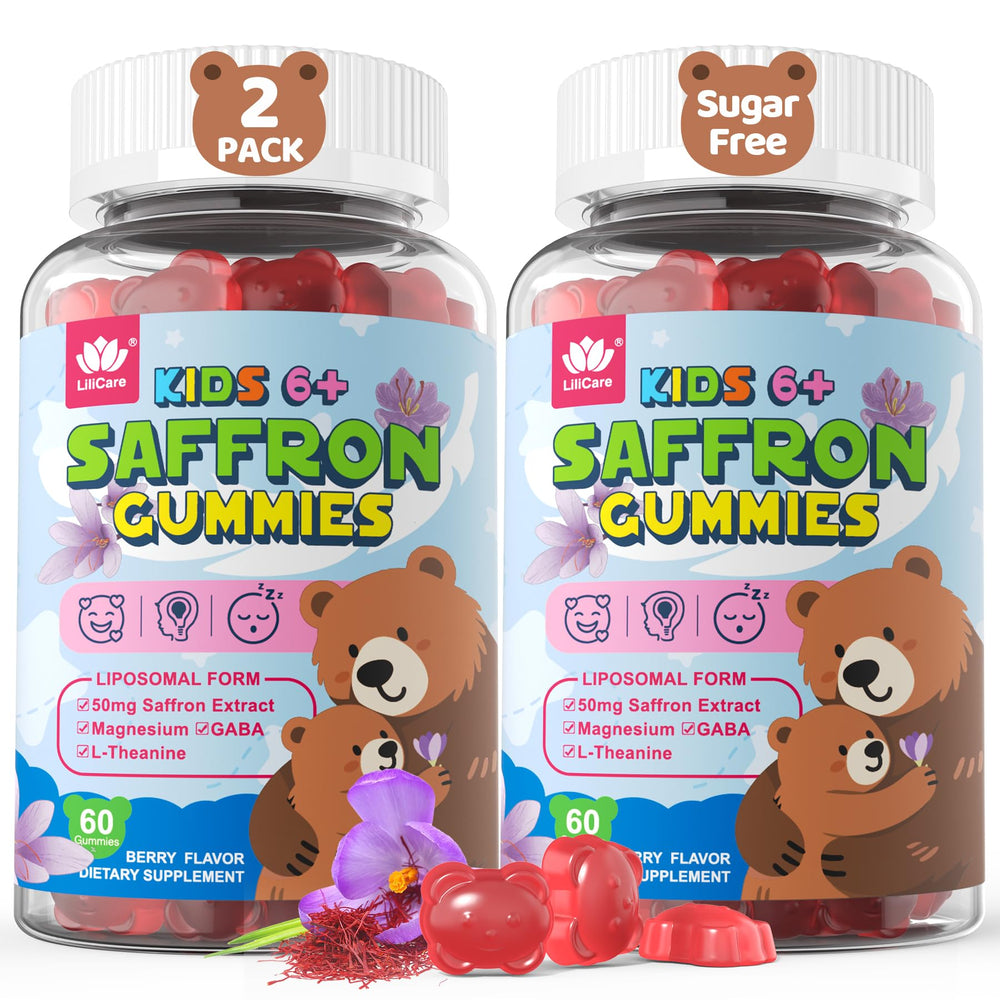 LILICARE saffron gummies bottle promotes kid-friendly mood balance and focus.