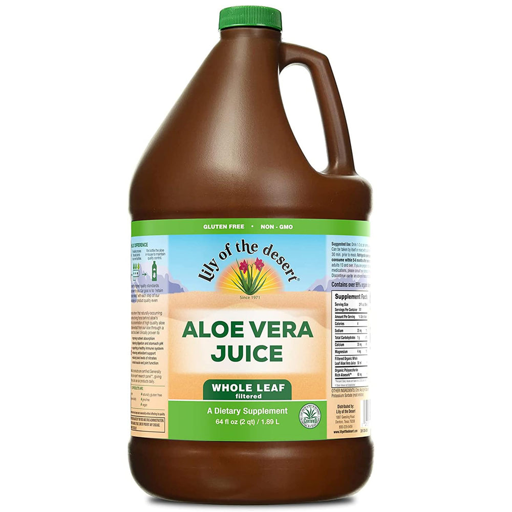 Lily Of The Desert Aloe Vera Juice bottle shows the 64 oz size for gut health and wellness.