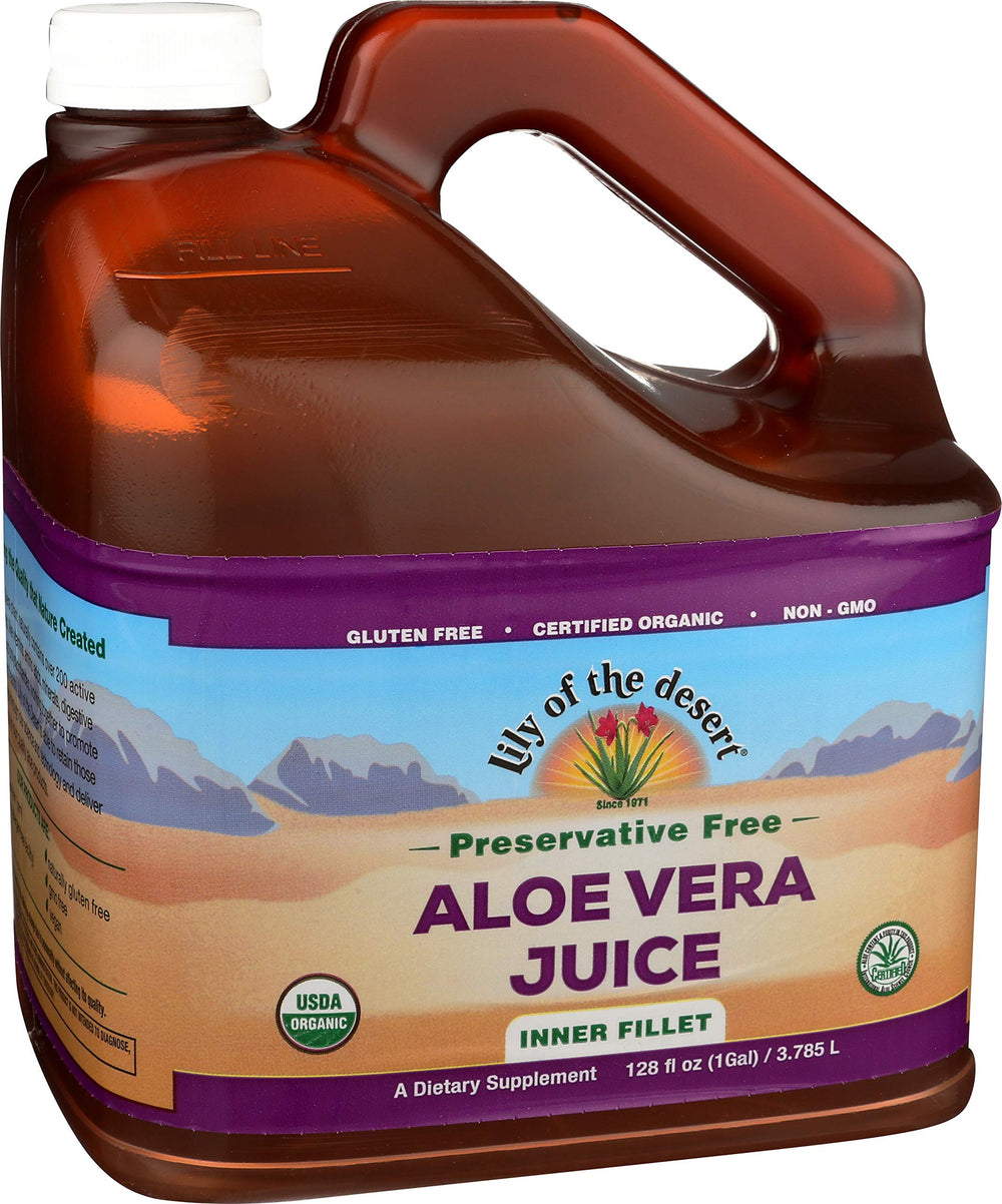Lily of the Desert aloe juice bottle close-up highlights preservative-free wellness benefits.