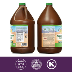 Lily Of The Desert Aloe Vera Juice label highlights non-GMO purity and whole-leaf formulation.