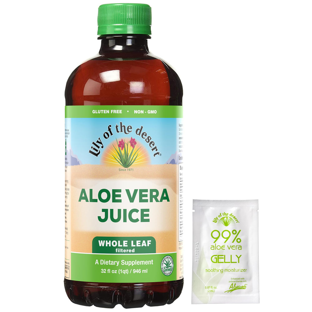Lily of the Desert Aloe juice bottle, pour, hints at natural enzymes for digestion