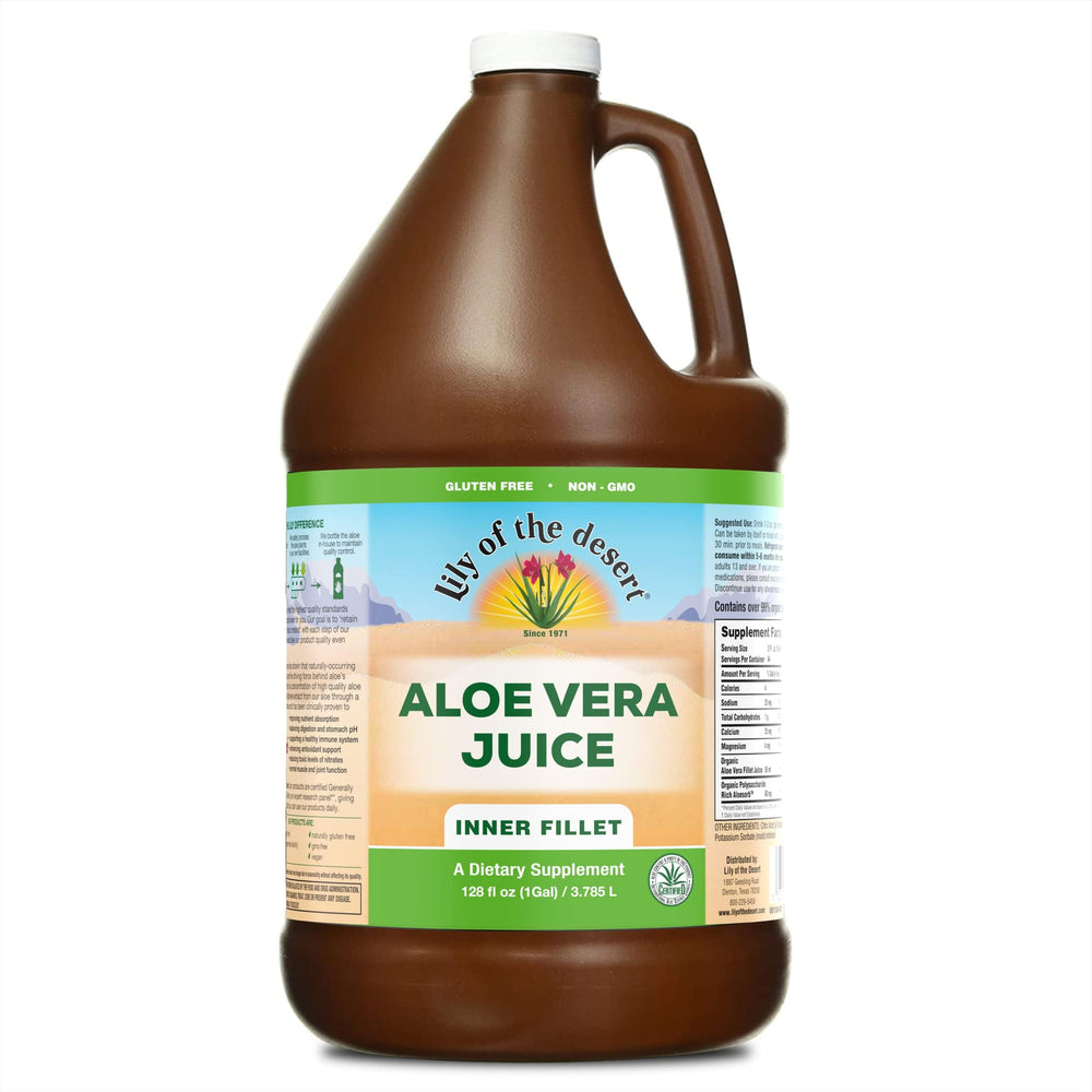 Lily of the Desert Aloe Vera juice bottle highlighting organic inner leaf and vitamins