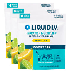 Liquid I.V. Hydration Multiplier sugar-free lemon lime packet ready to mix for quick hydration.
