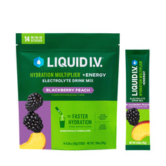 Liquid I.V. Hydration Multiplier Energy blackberry peach packet for on-the-go hydration.