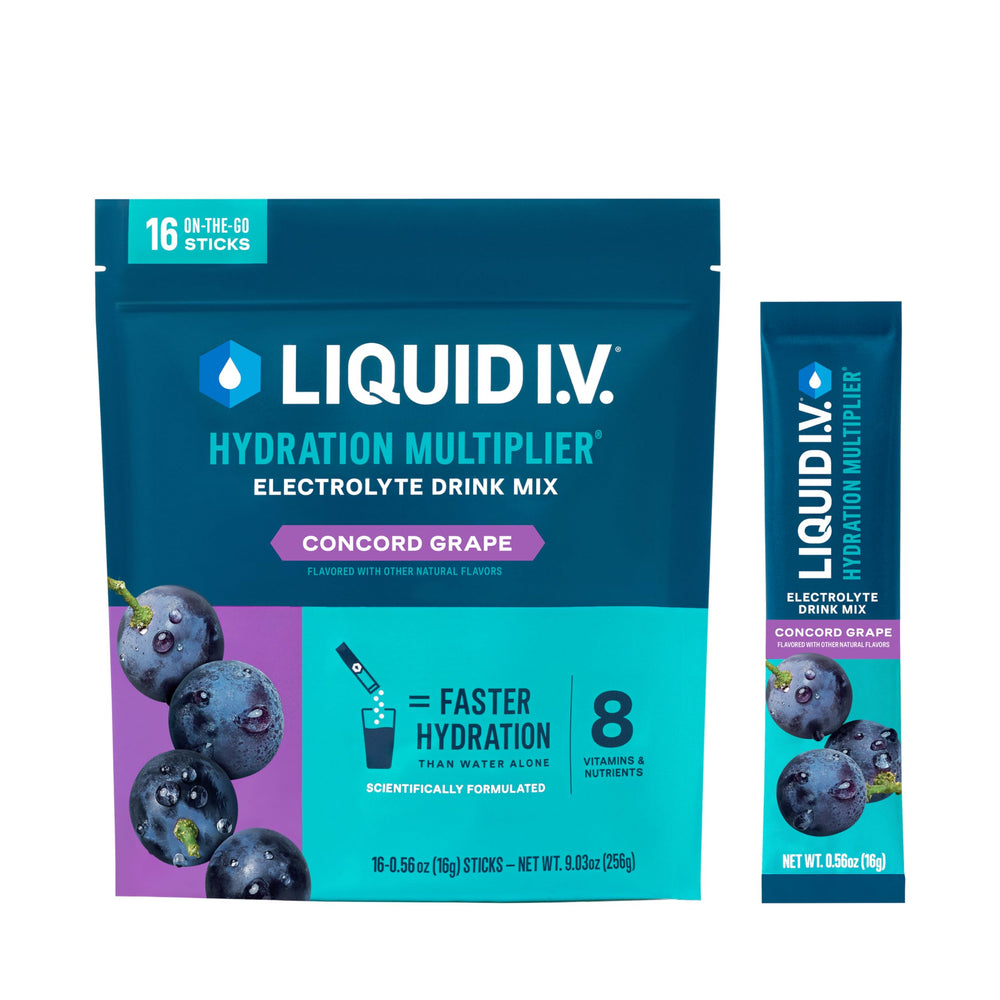 Liquid I.V. Hydration Multiplier Concord Grape sachet on hands for on-the-go hydration