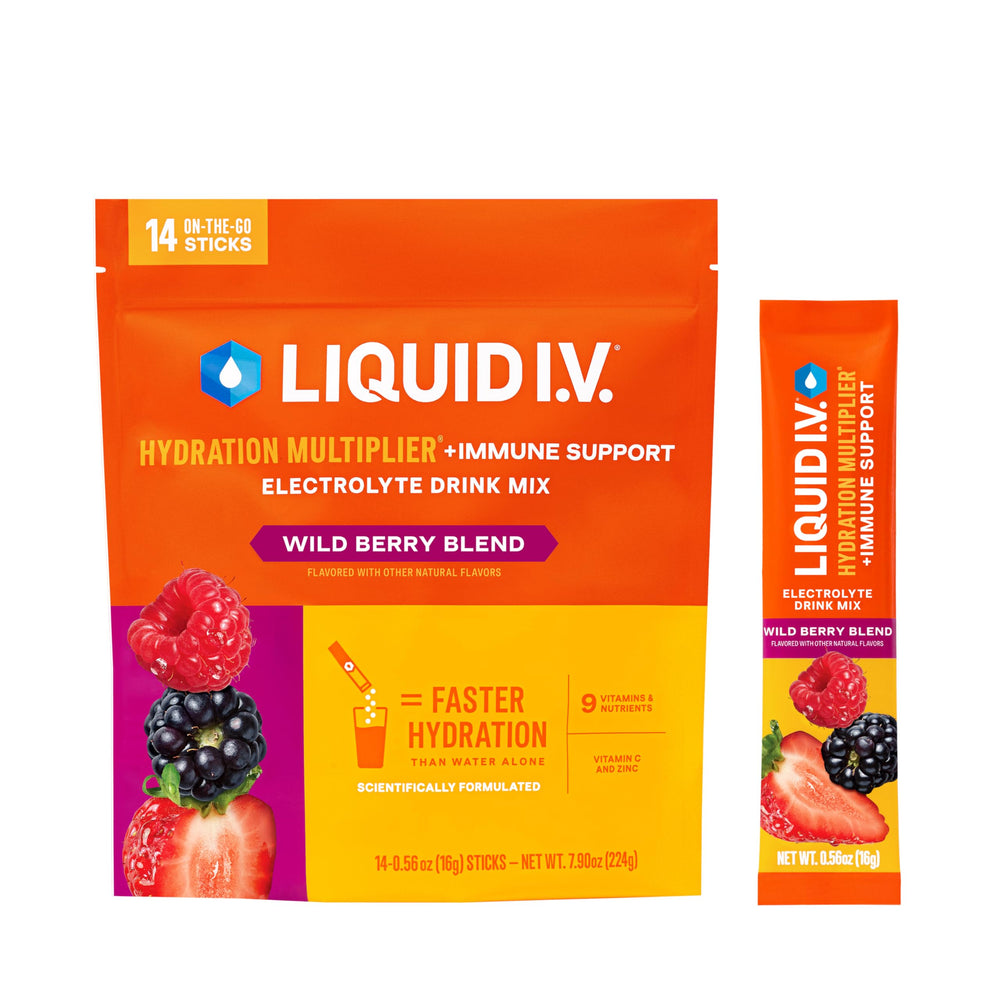 Liquid I.V. Hydration Multiplier Wild Berry pack for on-the-go hydration and immune nutrients.