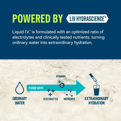 Liquid I.V. Hydration Multiplier Passion Fruit glass emphasizes electrolytes and refreshing taste.