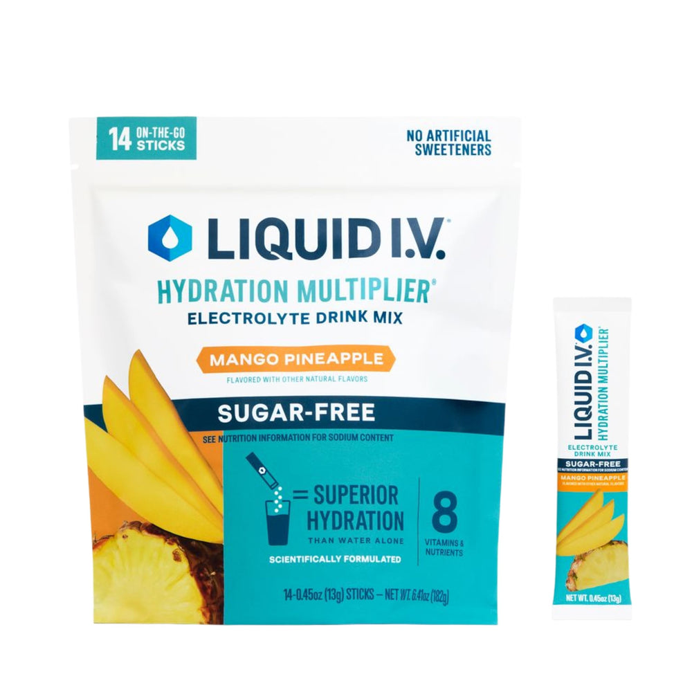 Liquid I.V. Hydration Multiplier Sugar-Free Mango Pineapple packet for on-the-go hydration.