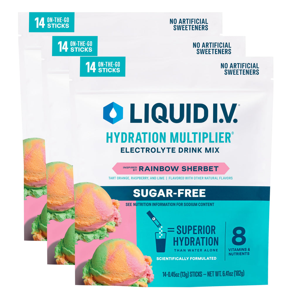 Liquid I.V. Rainbow Sherbet sugar-free packet for on-the-go hydration.