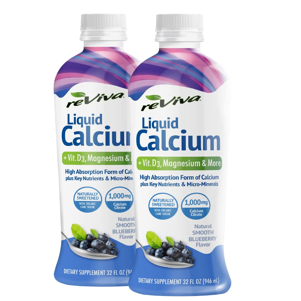 Liquid ReViva calcium twin-pack bottle front with blueberry flavor for daily use