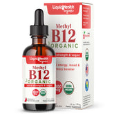 LiquidHealth B12 drops bottle shows organic methylcobalamin for energy support.