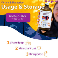 LIQUIDHEALTH Calcium & Magnesium dosage-cup demonstrates two-tablespoon serving.