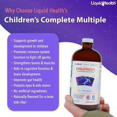 LIQUIDHEALTH label close-up highlights USA-made, vegan, non-GMO multivitamin.