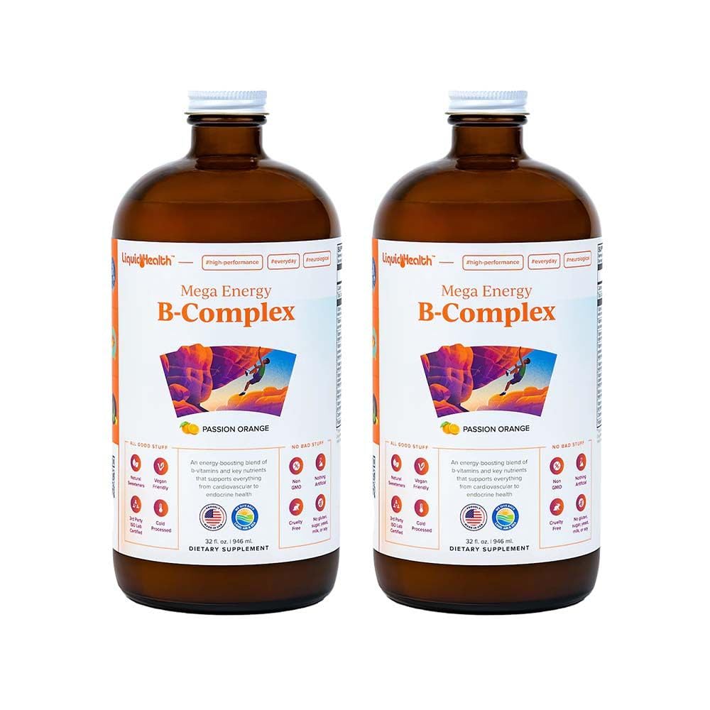 LIQUIDHEALTH Mega Energy B-Complex bottle pour for easy dosing and daytime energy.