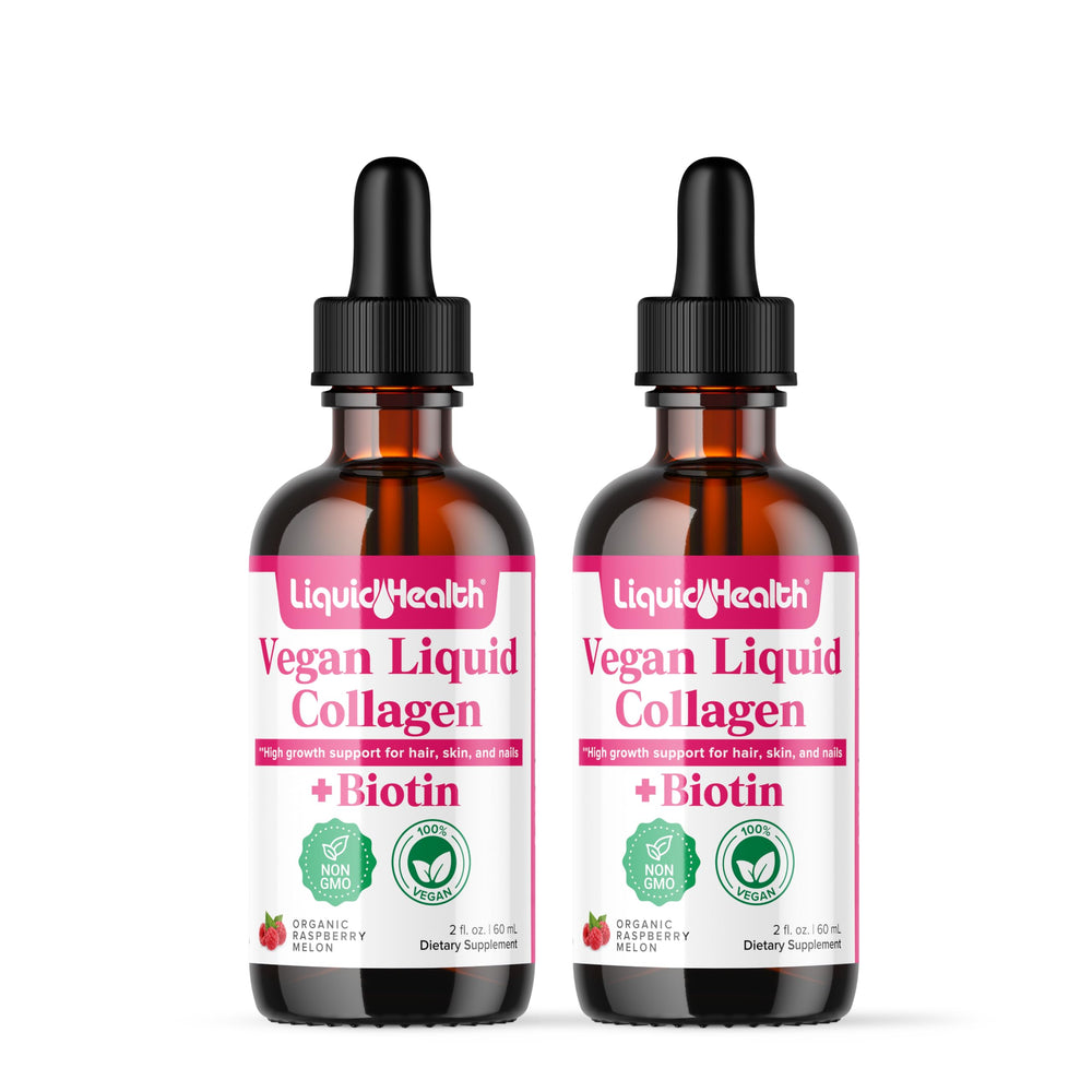LIQUIDHEALTH vegan collagen bottle showcases plant-based formula for hair, skin, and nails.