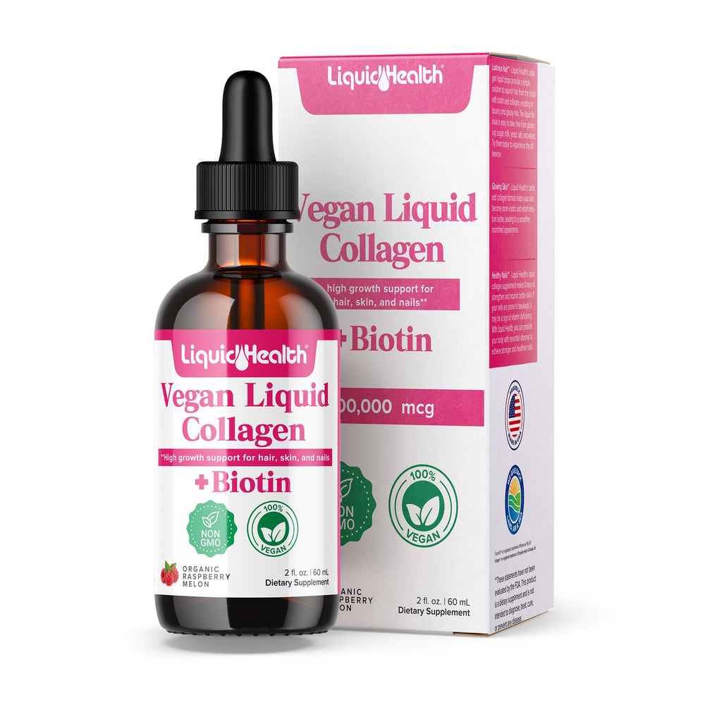 LIQUIDHEALTH vegan collagen bottle promotes healthier hair and skin daily.