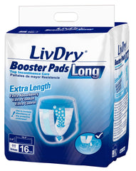 LivDry booster pad packaging view highlights long 18.5-inch length for extended protection.