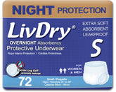 LivDry overnight protective underwear small 72-pack in use for overnight protection