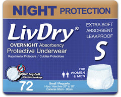 LivDry overnight protective underwear small 72-pack in use for overnight protection