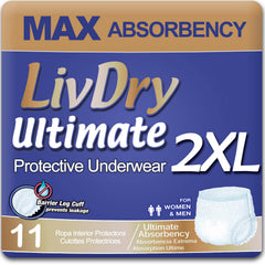 LivDry Ultimate 2XL underwear in packaging highlighting XXL size and fit.