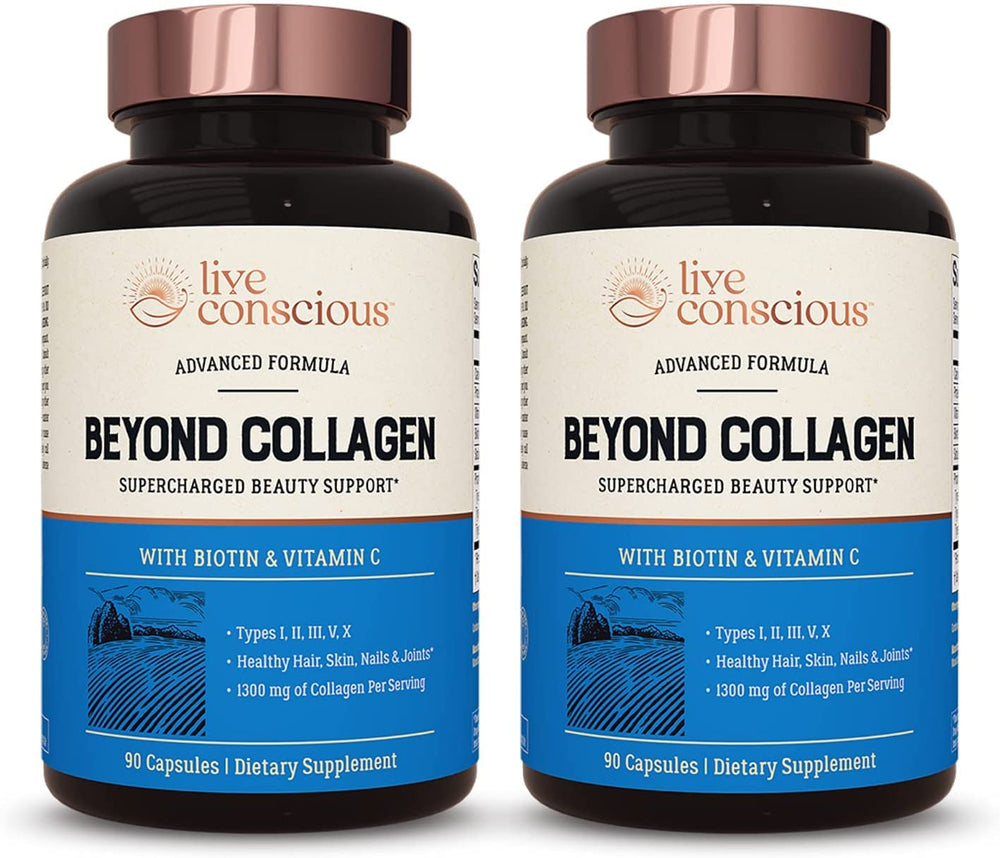 Live Conscious Beyond Collagen bottle front for daily beauty support in a 2-pack.