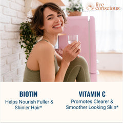 Live Conscious Beyond Collagen bottle front promoting 90 capsules for hair, skin and nails.