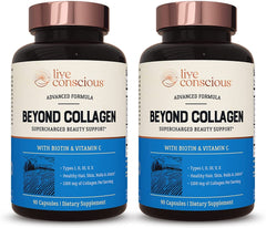Live Conscious Beyond Collagen bottle front for daily beauty support in a 2-pack.