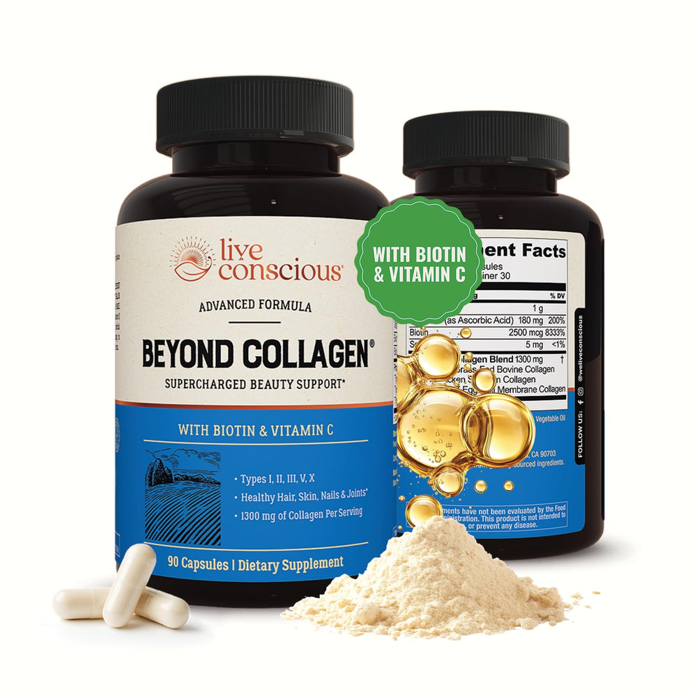 Live Conscious Beyond Collagen bottle pour showing convenient capsules for daily skin support.