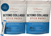 Live Conscious Beyond Collagen packets front view for on-the-go skin and hair support.
